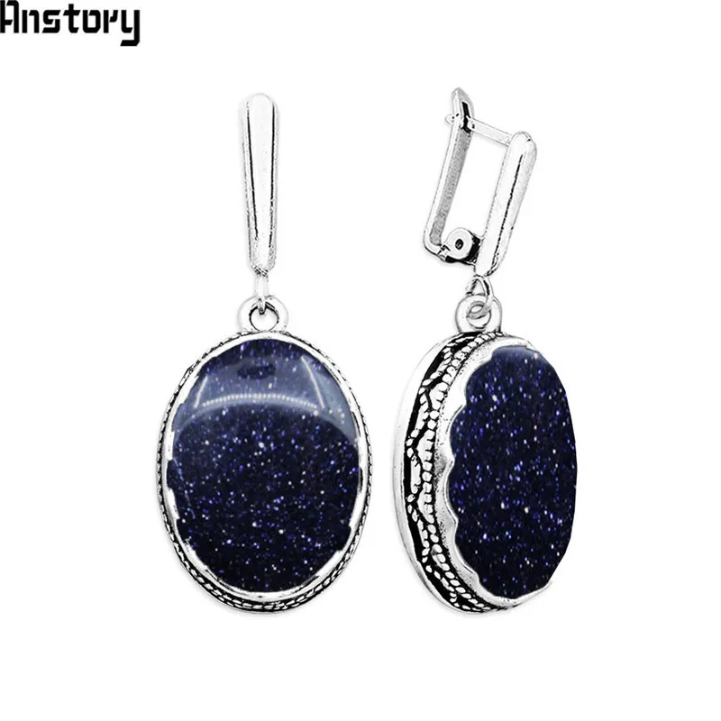 Anstory Round Dark Blue Shinning Spot Earrings For Women Antique Silver Plated Party Hollow Flower Pendant Fashion Jewelry TE352