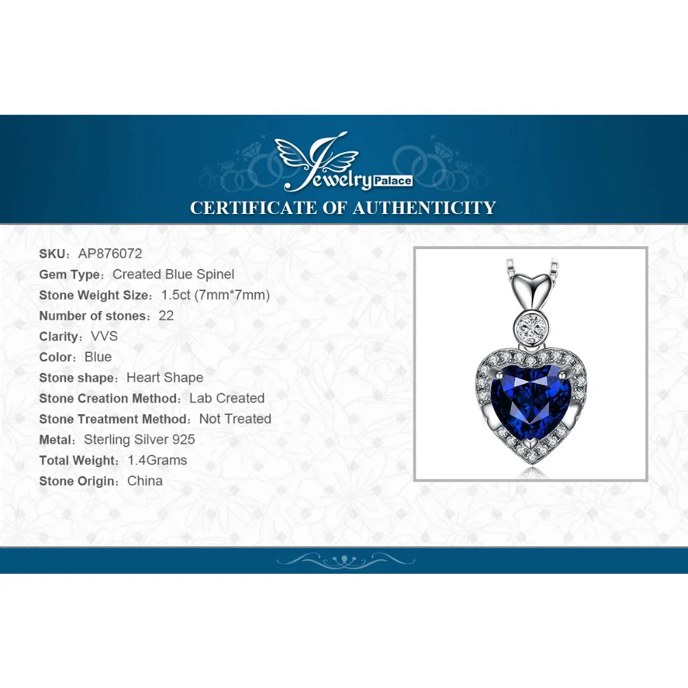 JewelryPalace сердце 1.5ct Аутентичные черной шпинели кулон Цепочки и ожерелья 925 пробы