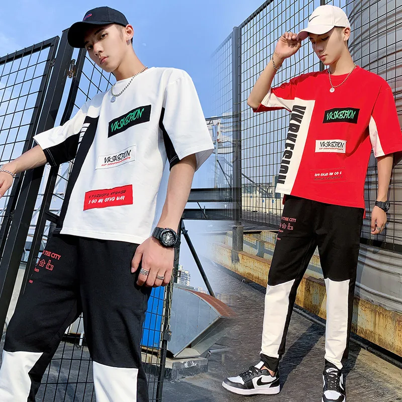 

2019 Men's Hip Hop Streetwear Tracksuit Summer Men Set Short Sleeve T Shirts and ankle-length pants LBZ87