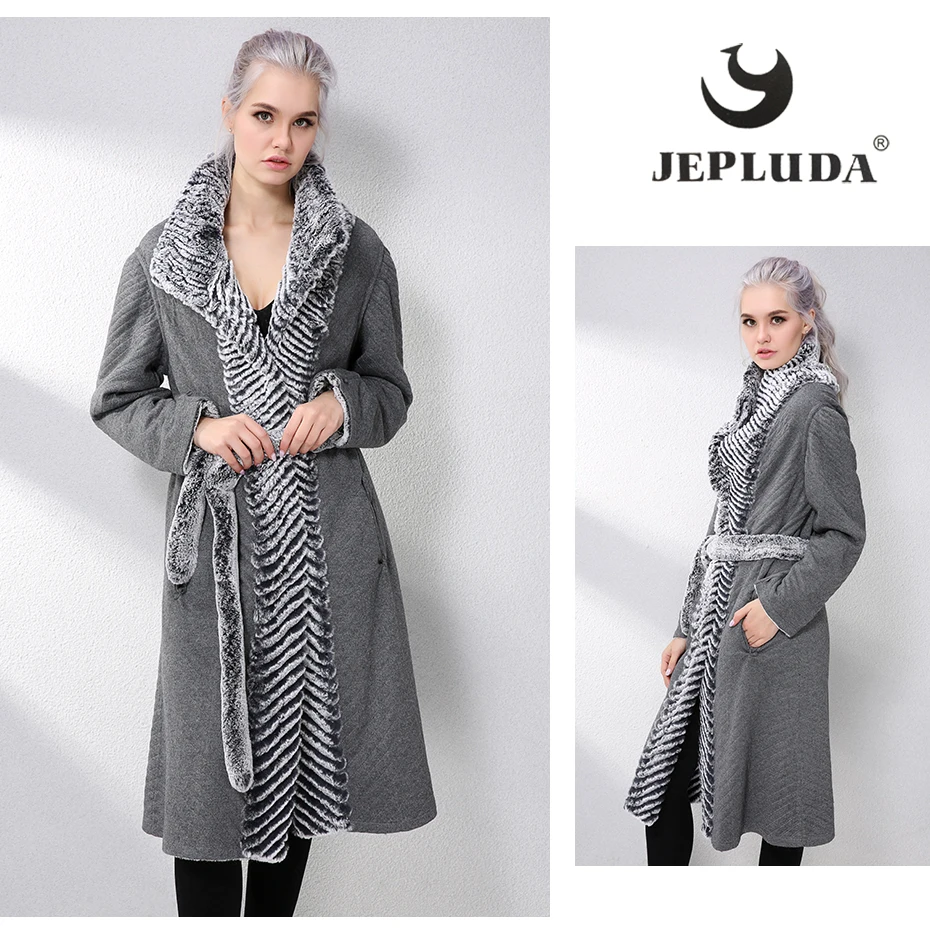 JEPLUDA New Real Fur Coat Double-sided Wool Blends Cloak Knitting Natural Real Rex Rabbit Fur Coat Genuine Leather Jacket Women