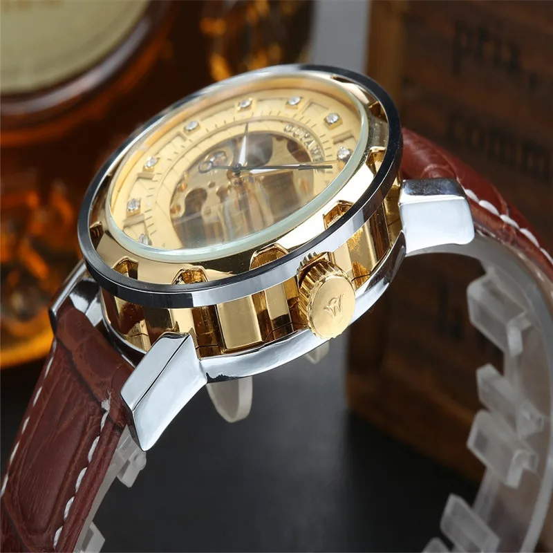 Мужские наручные часы OYW механические с золотым циферблатом и кожаным ремешком