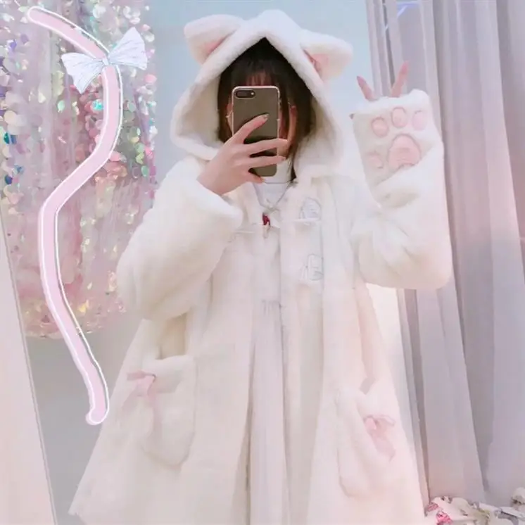 

Winter wear Japanese girl plush coat female college style sweet cute cat thick long coat