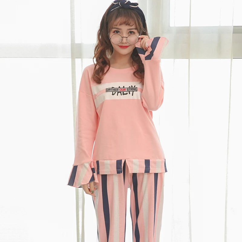 2 шт. полосатые пижамы набор Симпатичные женские хлопковые ночные рубашки осень