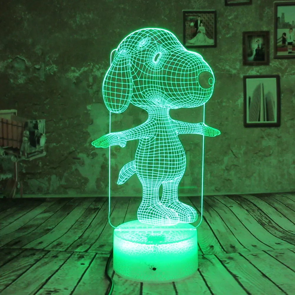 Snoopy, 3D лампа, Ночной светильник, сенсорные настольные лампы, 7 цветов, меняющий светильник s с акриловым плоским и ABS основанием и зарядным устройством USB
