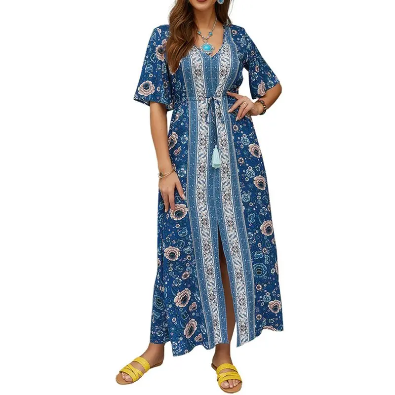 Женское платье макси с цветочным принтом Boho Элегантное летнее разрезом на