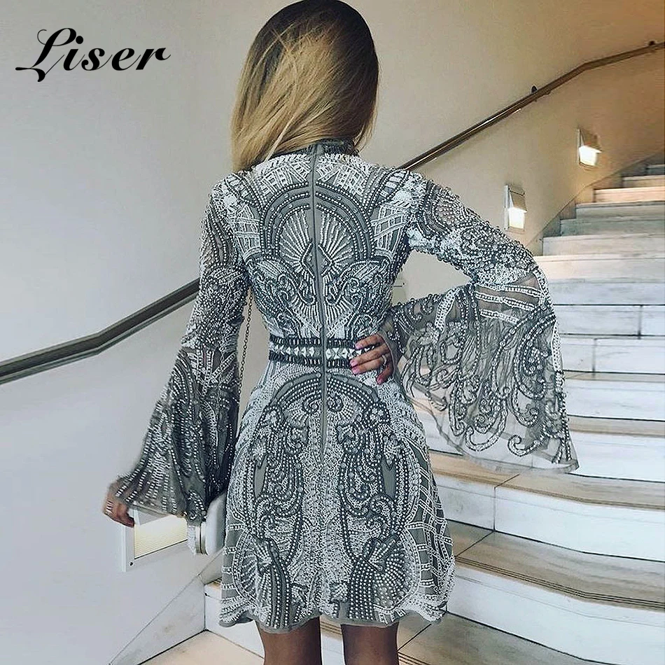 Liser 2018 новое летнее женское платье с высоким воротом сексуальное блестками