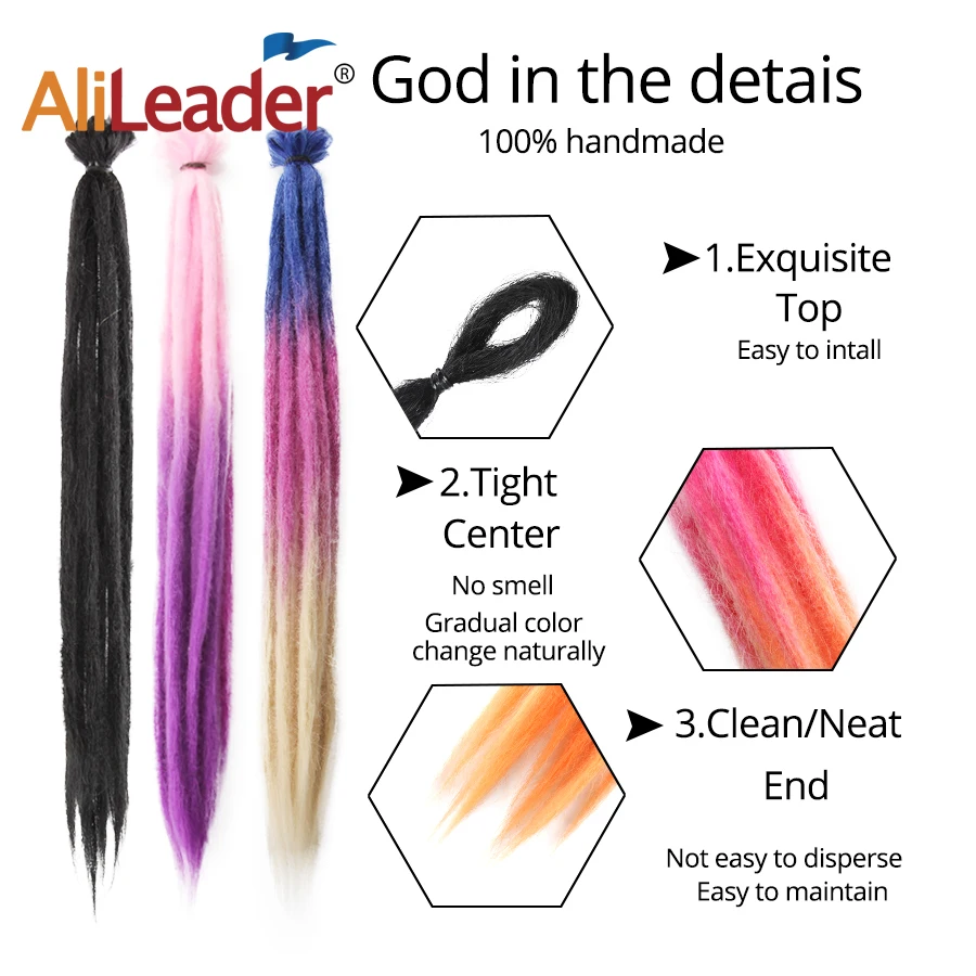 AliLeader 52 Color Handmade 20 Inch Long Crochet Braiding Hair Extensions Pure and Ombre Synthetic Dreadlocks Braids 1 Strands |