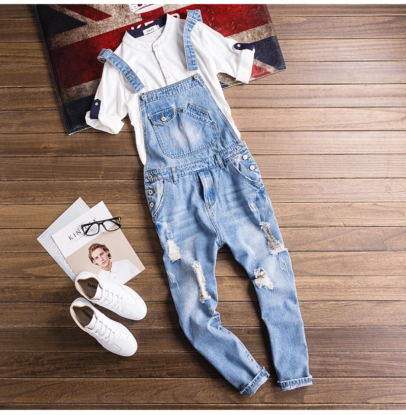 Новые осенние мужские Ботильоны Длина Slim Fit светло-голубой цвет рваные джинсовые комбинезон большого размера искусственно состаренные джинсы; комбинезоны с нагрудниками