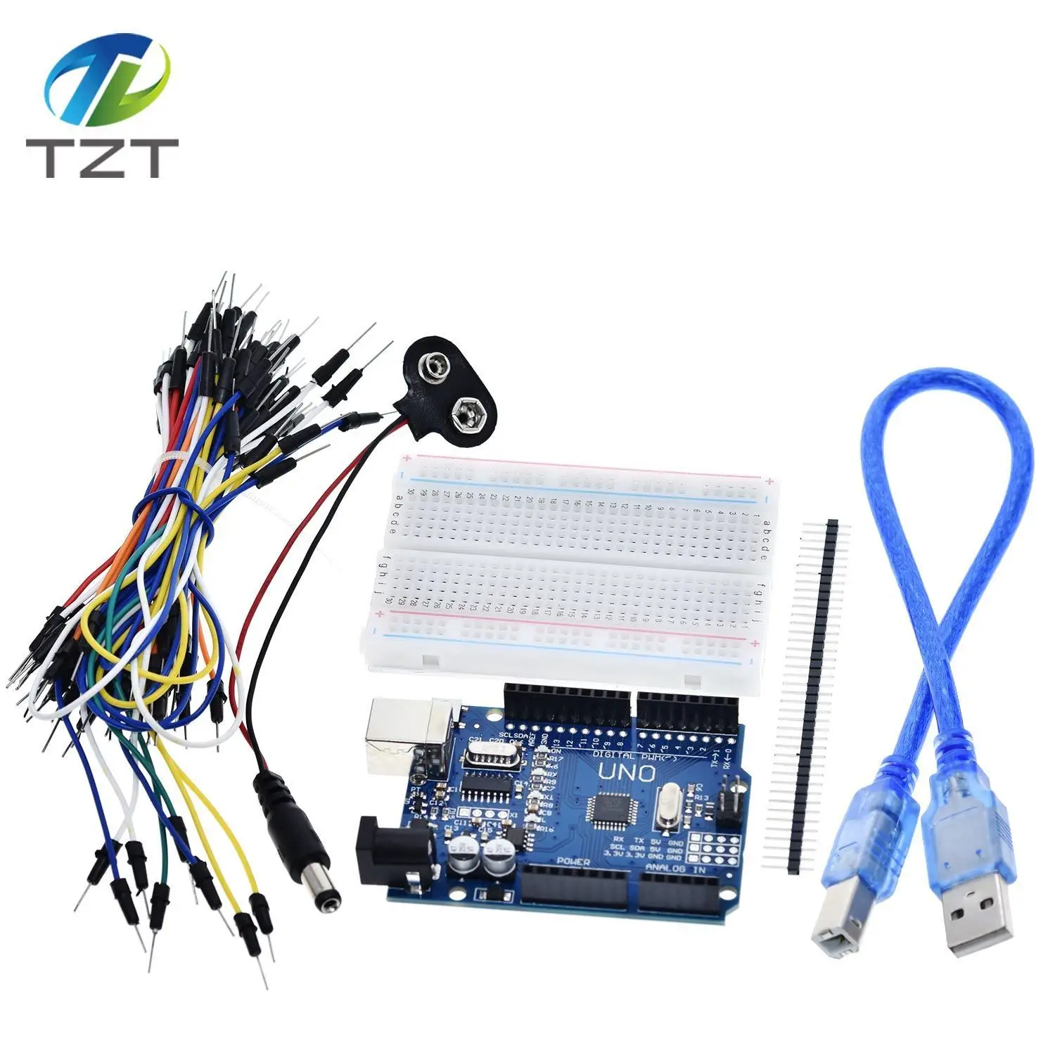 TZT стартовый комплект для arduino Uno R3-комплект из 5 предметов: Uno R3, макетная плата, перемычки, usb-кабель и разъем для аккумулятора 9 в