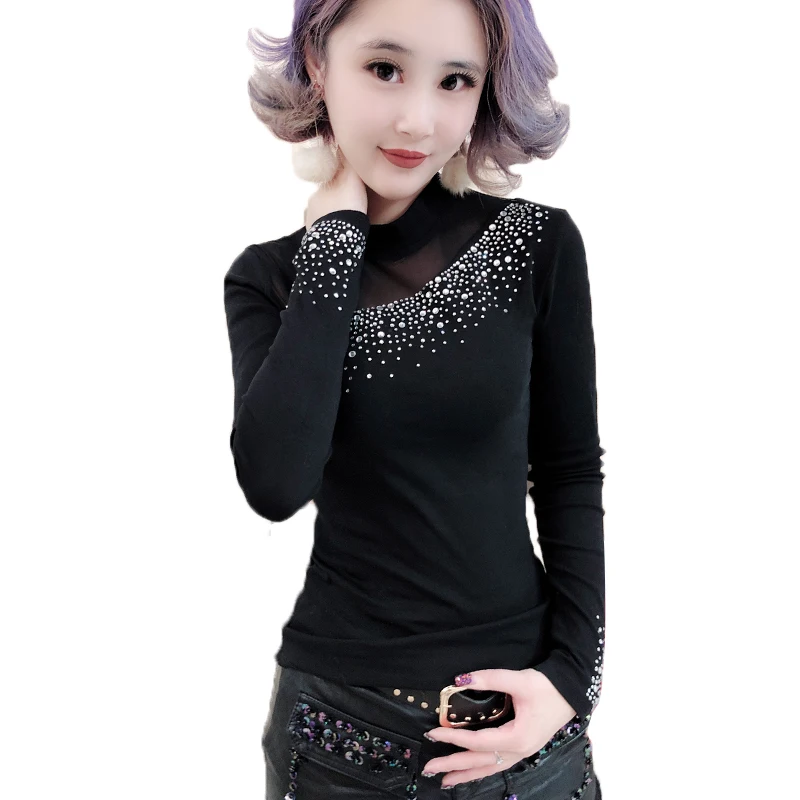 Black tshirt Модная Лоскутная Сексуальная Прозрачная Сетчатая футболка в алмазах водолазка новинка осень зима длинный рукав Топ Camiseta Mujer T97203 - Цвет: Black tshirt