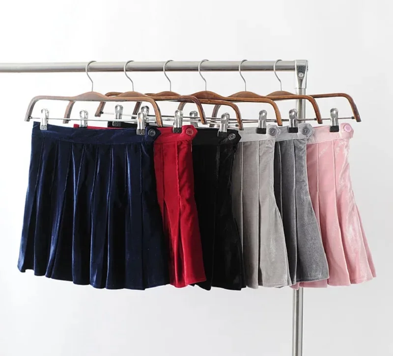 New Spring Autumn Women'S Pleated Skirts Solid Velvet High Waist For Girls | Женская одежда