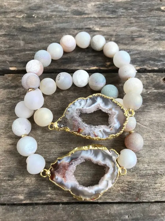 Богемные Druzy Agates бусины Geode растягивающийся браслет золото распорка бисера Стек