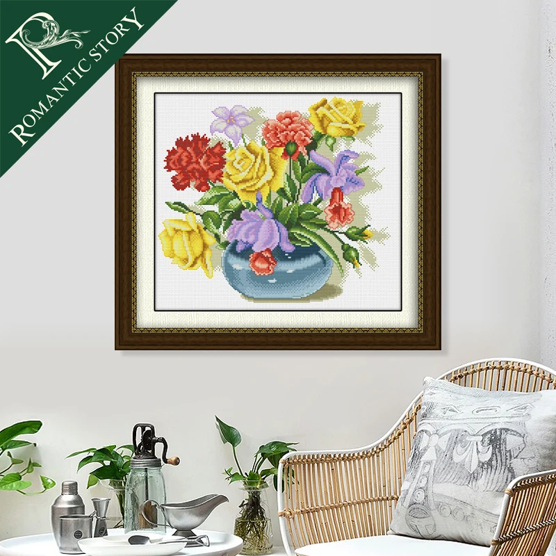 

Romantic Story Colorful Flowers Vase Embroidery Cross Stitch Needlework Cross-Stitching Sets Handmade Art DIY Home Decoration
