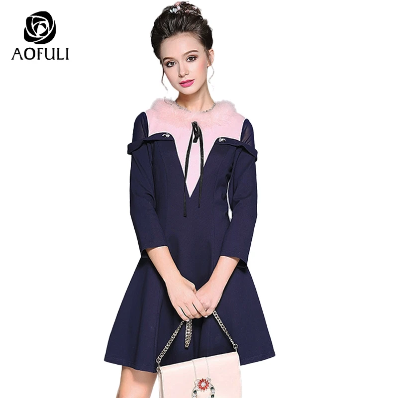 AOFULI S 5XL винтажное платье с меховым воротником и бантом из ленты цветное трапециевидной формы длиной 3/4