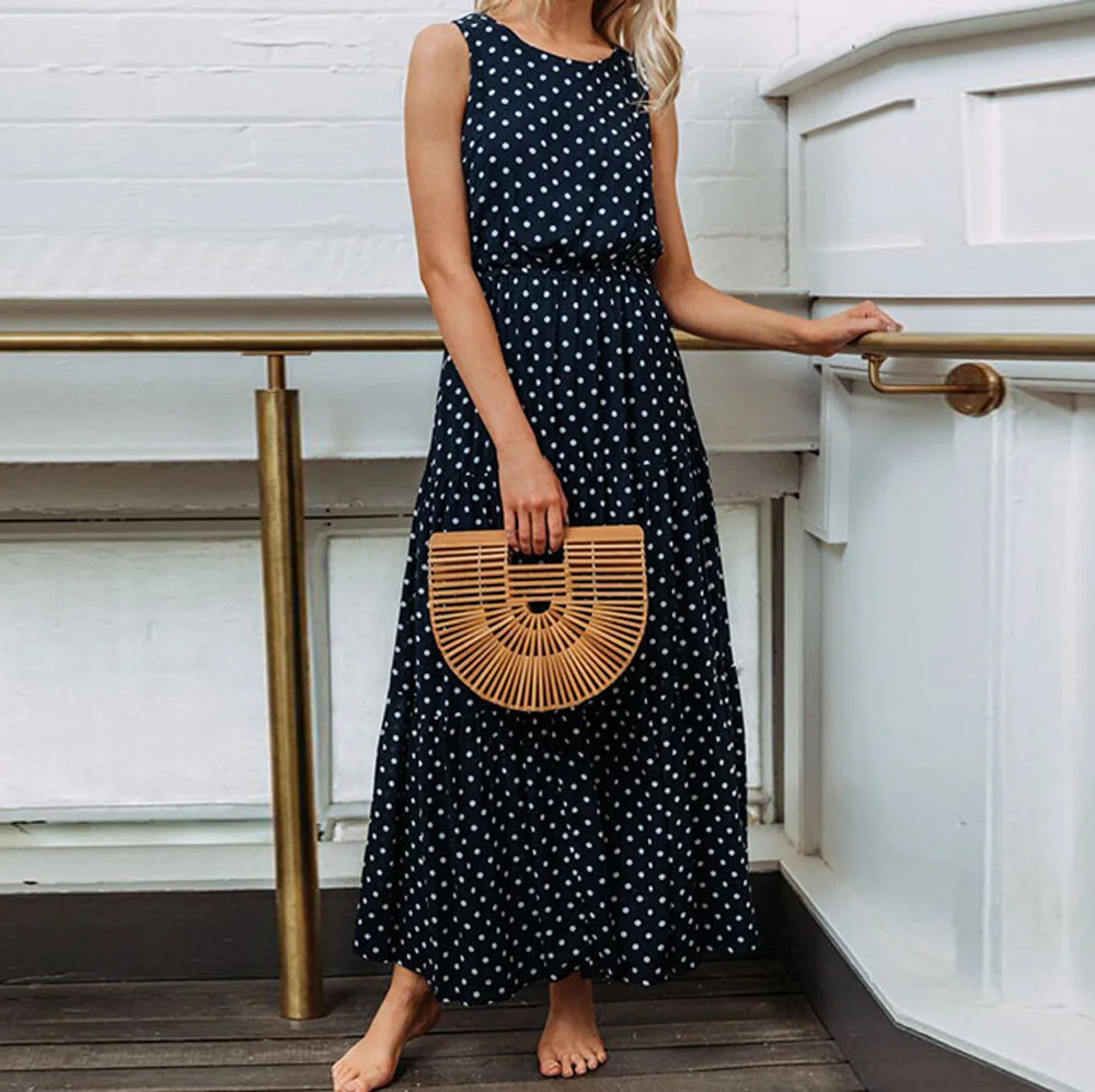 SAGACE женское платье Дамское в горошек с круглым вырезом без рукавов вечернее для