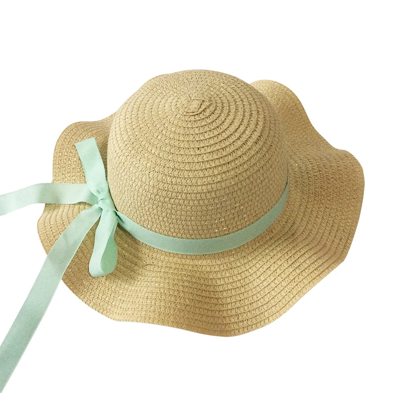 beige green bow Летняя кепка для девочек, украшенная черной лентой, волнистая соломенная шляпа для девочек, детская Панама, Детская кепка от солнца, детские пляжные шляпы - Цвет: beige green bow