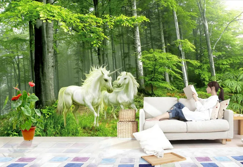 3D фотообои на заказ картина в виде единорога лесу романтичный стиль живописи