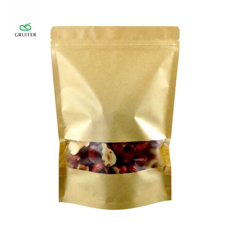 

12x20 см 100 шт изогнутый угловой матовый коричневый крафт-бумажный мешок с прозрачными оконными мешками Водонепроницаемый замок на молнии стоячий пакет