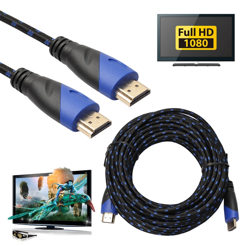 Высокая скорость плетеный кабель HDMI позолоченное соединение Черный Синий Сетка 1080 P, 0,5 м, 1 м, 1,8 м, 3 м, 5 м, 10 М V1.4 AV HD 3D для Xbox HDTV