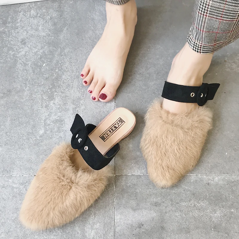 2019 г. брендовые осенние женские шлепанцы на плоской подошве с острым носком