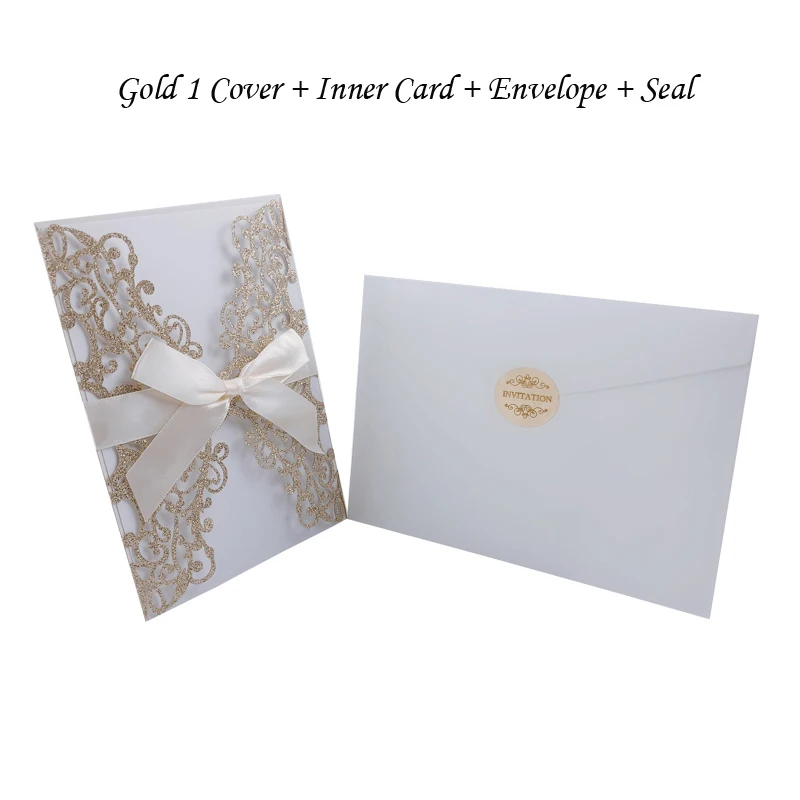 One Gold 1 Set 1 шт. золотисто-синяя Серебристая блестящая бумага лазерная резка свадебные пригласительные открытки с лентой индивидуальный Свадебный декор вечерние принадлежности - Цвет: One Gold 1 Set