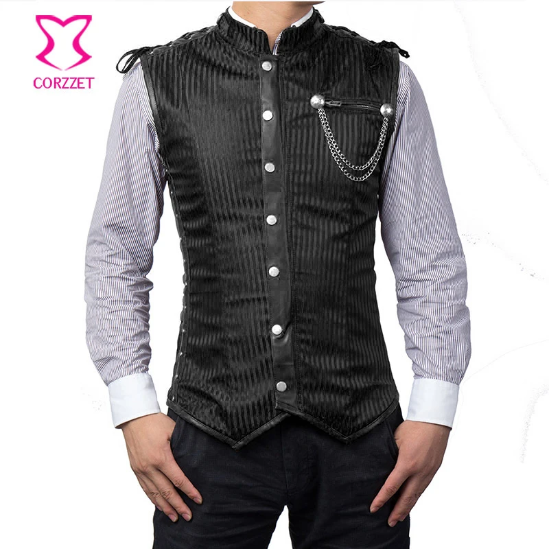 Corzzet Black Striped Stand Collar Sleeveless Mens Steampunk Jacket Plus Size Gothic Mens Corset Vest Burlesque Costume Clothing