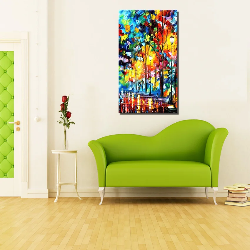 

Night Tree Street Knife Oil Painting on canvas Hand made Wall Art Home Decoration Wall Pictures for living Room Decor