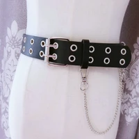 dropshipping women punk chain belt black double layer eyelet grommet pu leather pin buckle belt female ladies waist jeans belts