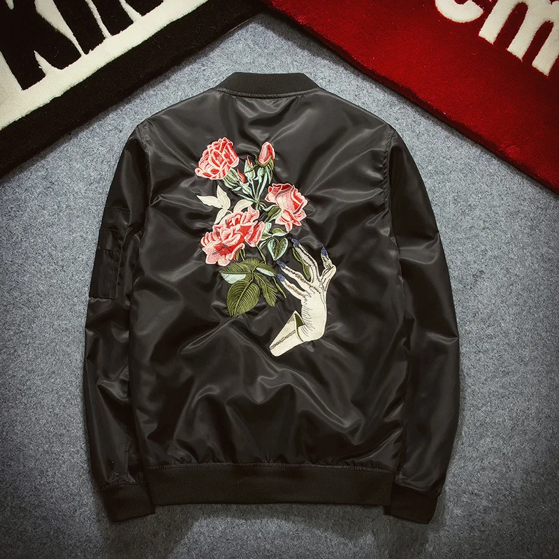 

2019 New Autumn Fashion Mens Thicken Bomber Jacket Solid Flower Rose Embroidery Cotton Padded Jackets