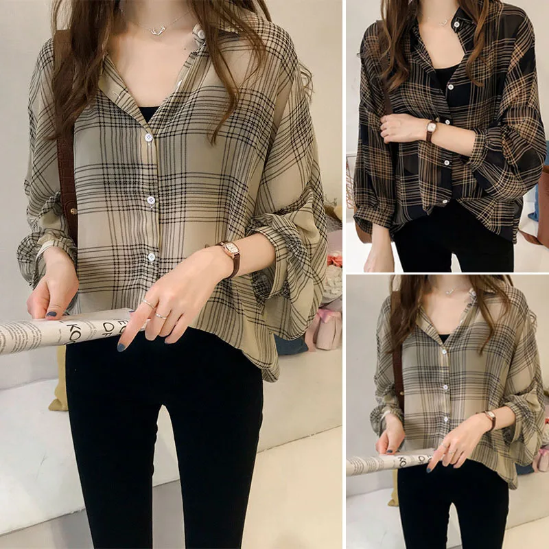 2018 Новая модная винтажная Женская клетчатая блузка с длинным рукавом