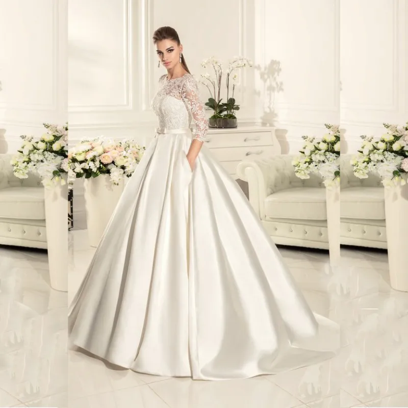 Мода vestido де casamento лонго Три Четверти Рукава Кружева Аппликация Атласная Замочная