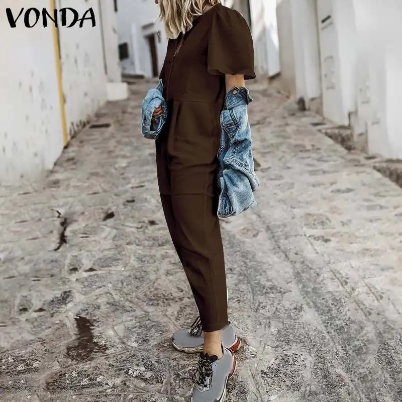 VONDA, женский комбинезон, короткий рукав, Повседневный, свободный, белый, черный, хлопок, Летний комбинезон размера плюс