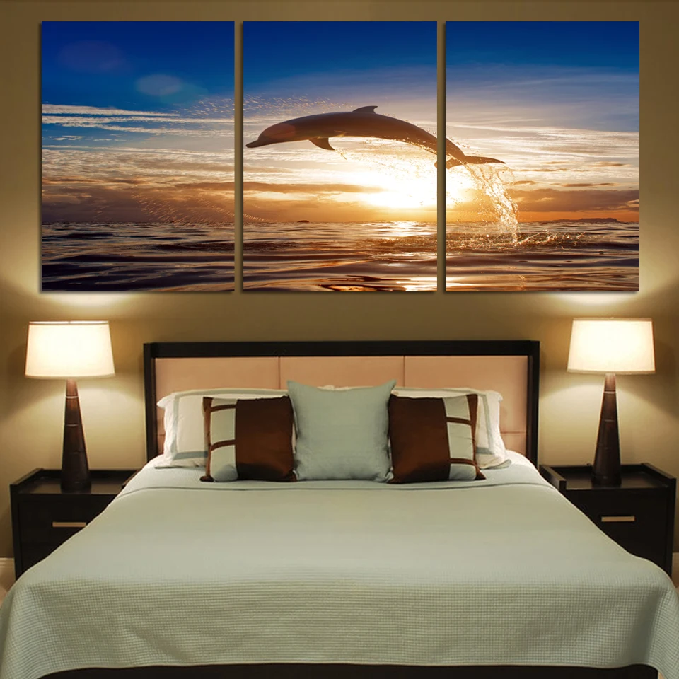 3Pcs Seascape paintings sunset Playful Dolphins Canvas Prints Wall Paintings Decorative for childern's bedroom | Дом и сад