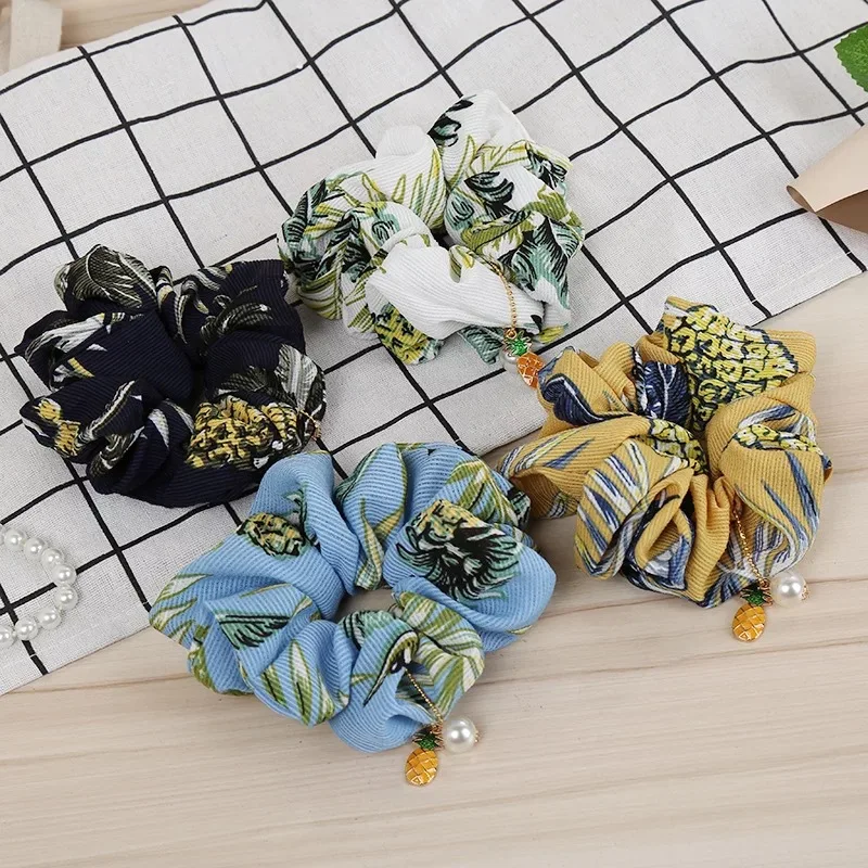 4 шт./компл. принт Scrunchie эластичные волосы хвост сладкие дамы повязка на волосы для девочек аксессуары для волос с жемчугом Кулон