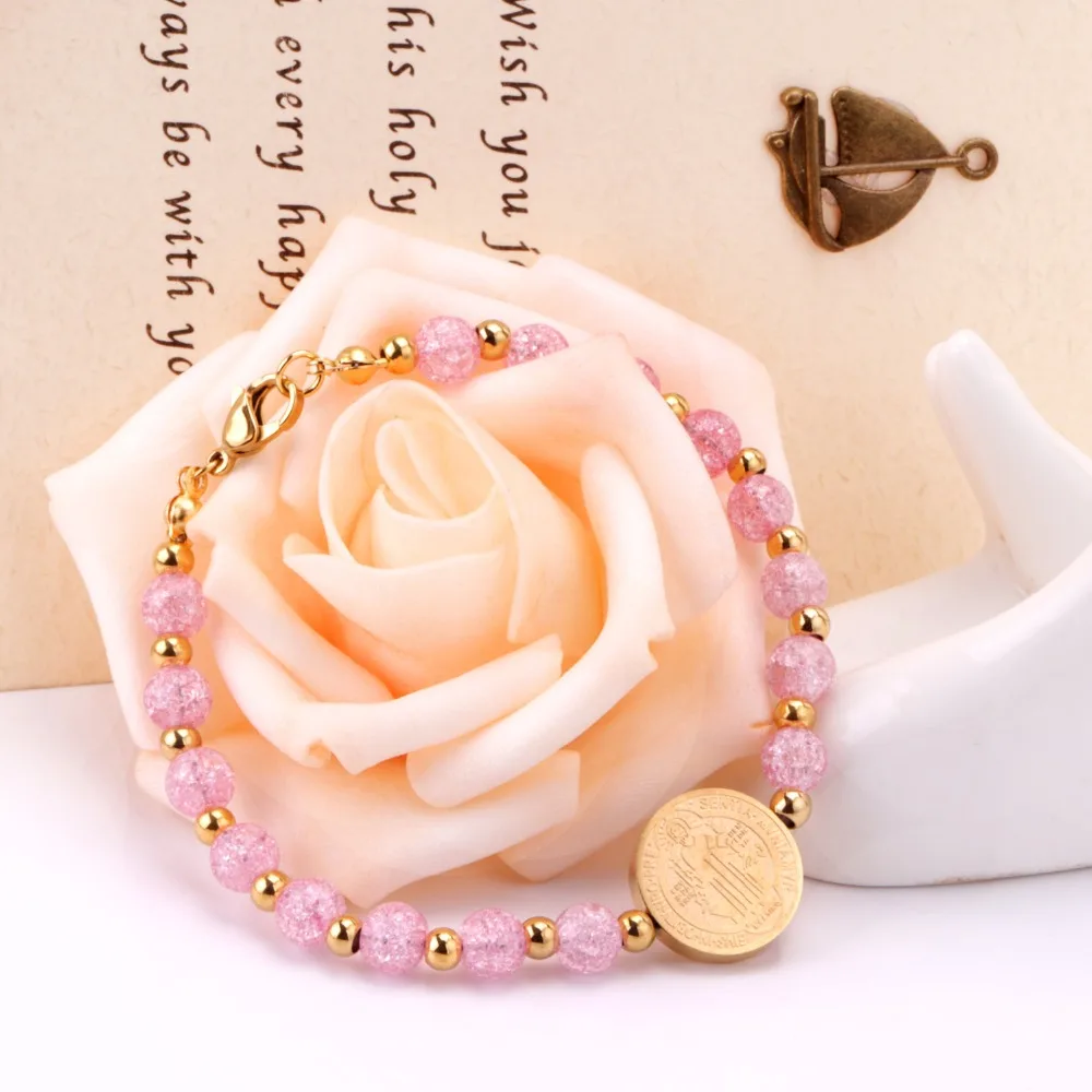 LUXUSTEEL baby bangle bracelet Pink Crystal Beaded Bracelets Stainless Steel Round Jesu Pendants Women Accessories Party | Украшения и