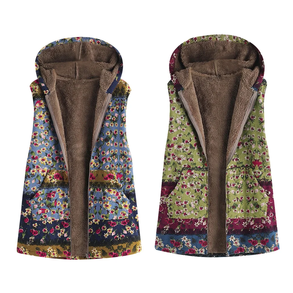 Ladies Coat Warm Winter Cardigans Zipper Plush Colorful Printed Hooded Sleeveless Vest Comfortable Tops | Женская одежда