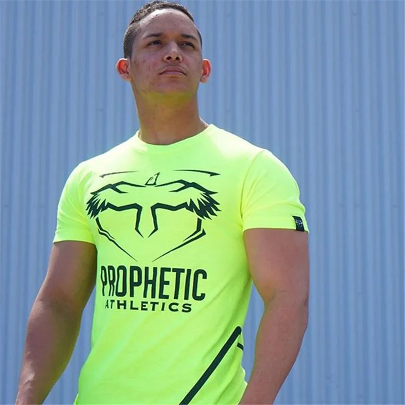 

Muscle aesthetics 2019 short sleeve fitness suit elastic fast dry tights men's sport running T-shirt round collar slimming cotto