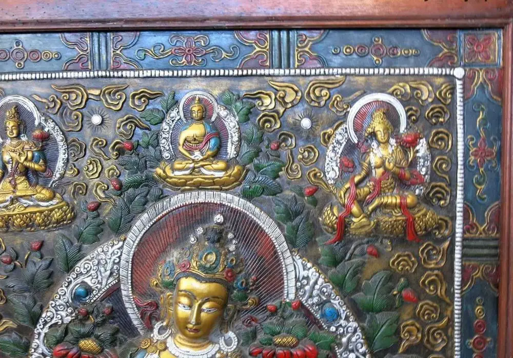 38 &quotтибетская деревянная медная Позолоченная серебряная пять Будды Зеленая