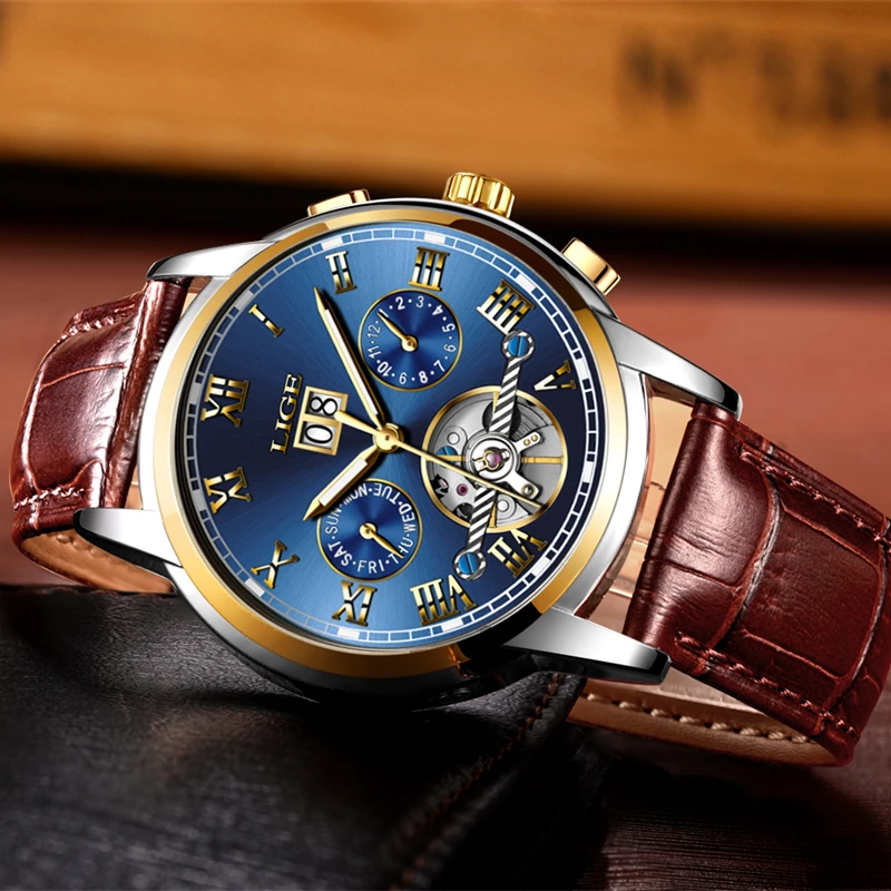 LIGE водонепроницаемые автоматические механические часы мужские кожаный ремешок