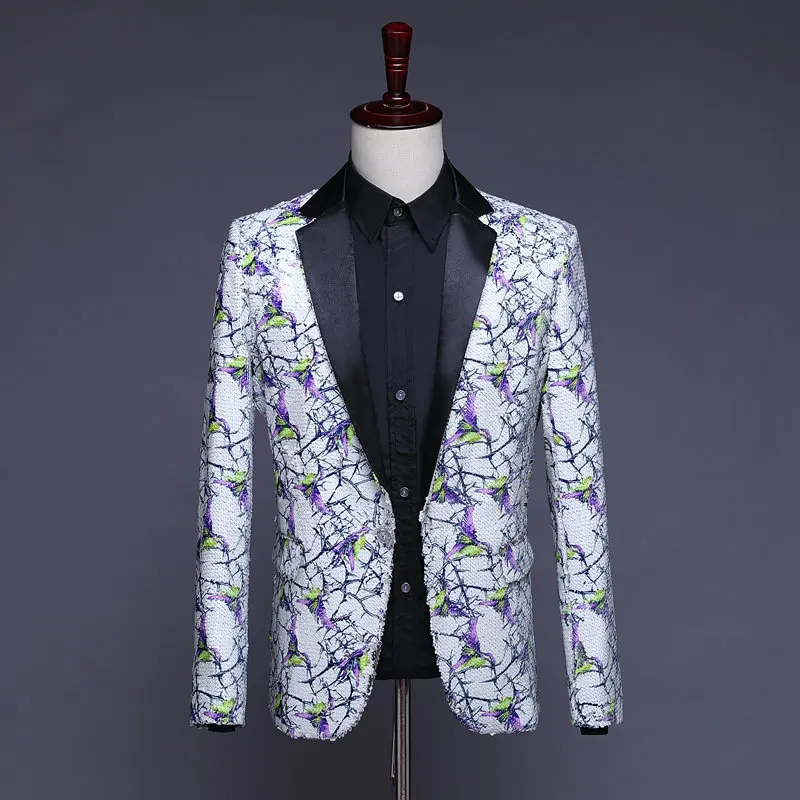 Mens White Sequin Blazer Purple Embellished Hombre Homme Glitter Jacket Men Floral Suit | Мужская одежда