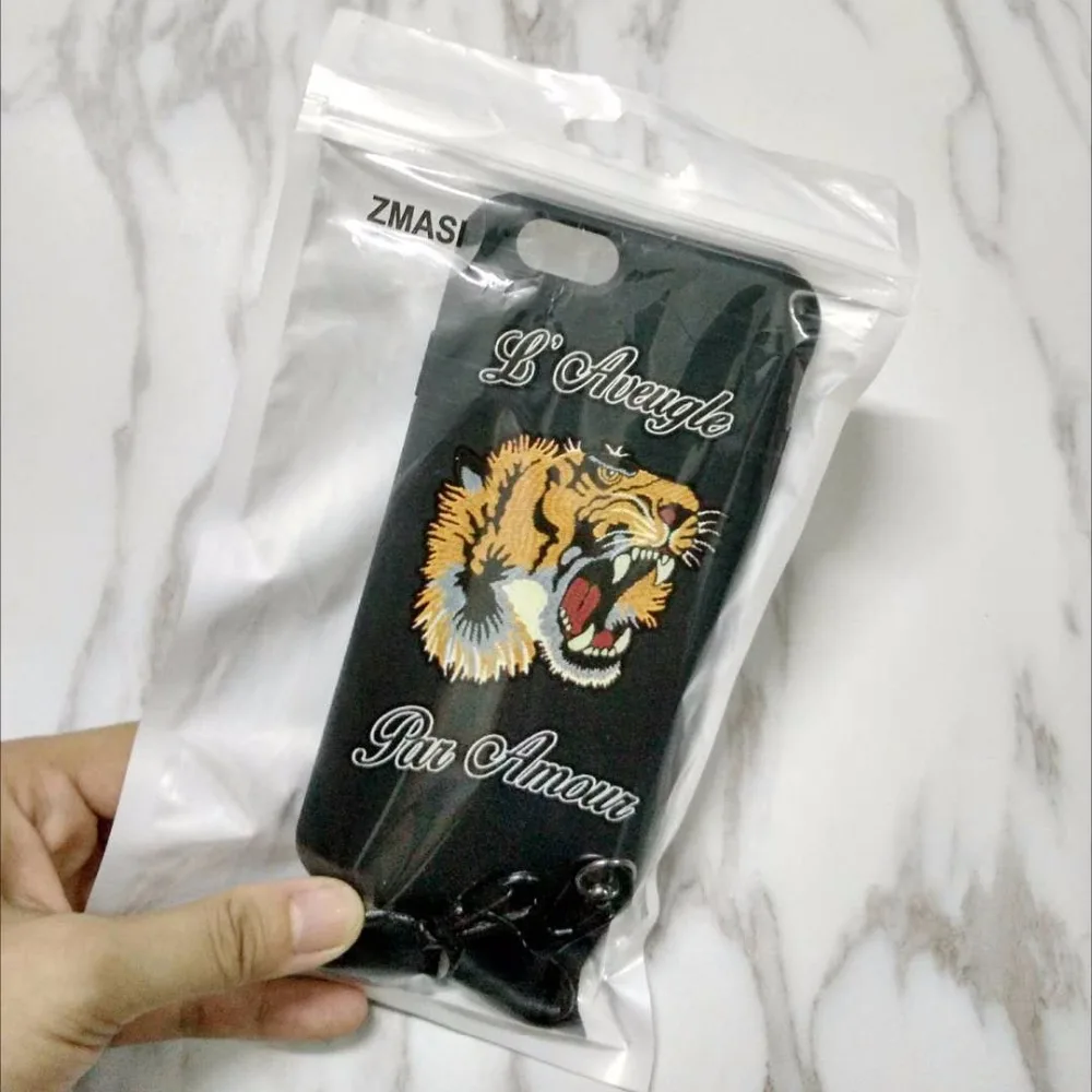 ZMASI Embossment Tiger Soft Cell Case for iPhone X 8 7 6 6s plus Relief Honeybee TPU Back Cover with Embroidery Lanyard |