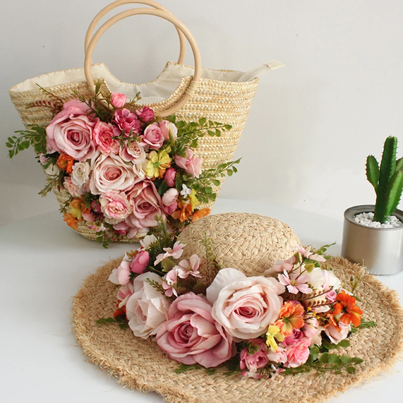 Handmade flowers Straw Bags Women Casual Beach Bags Female Summer Vintage Knitting Weave Handbags beach Holiday Tote bag+Sun Hat