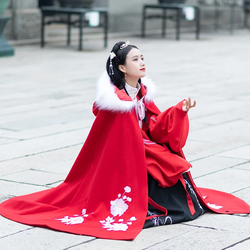 Женское меховое пальто с капюшоном шерстяное толстое цветочной вышивкой плащ Hanfu