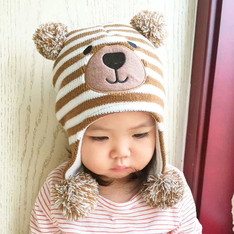 Kawaii/детская шапка с медведем и помпонами шапочки для детей От 1 до 5 лет зимняя