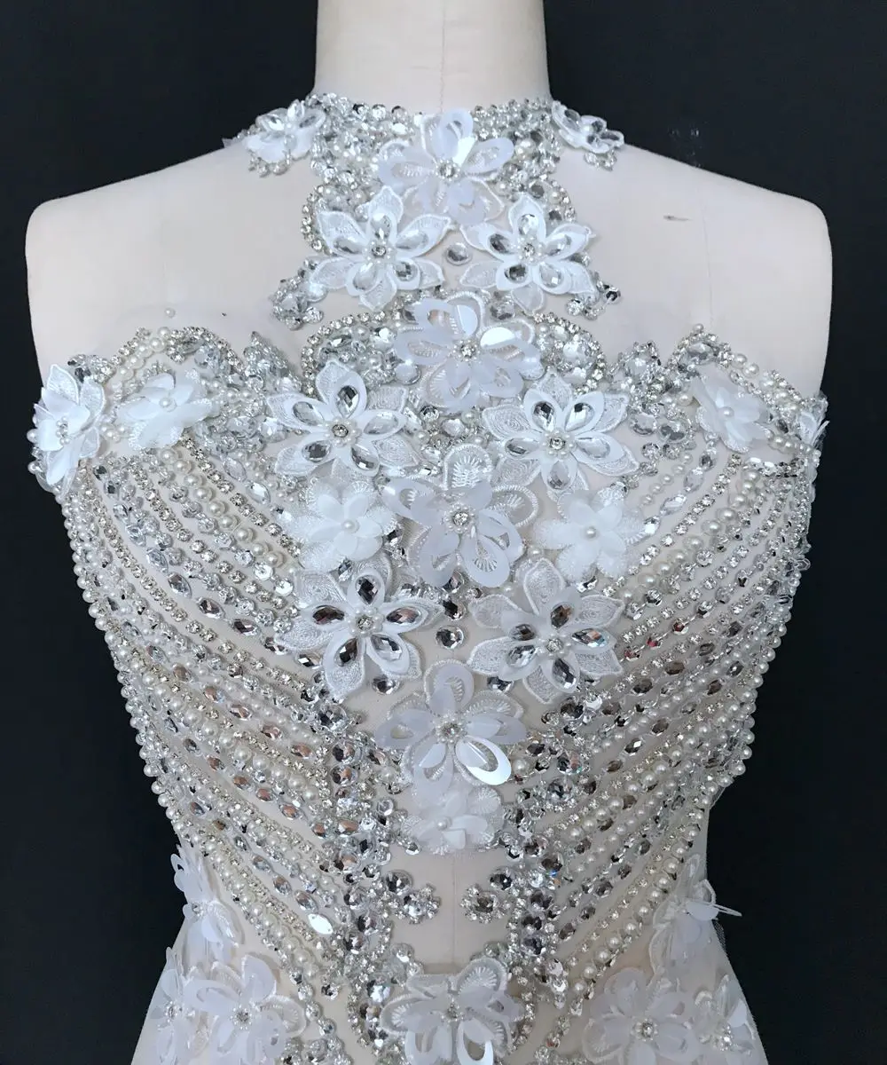 Чисто ручная пришивка Серебряные стразы аппликация на белой сетке отделка