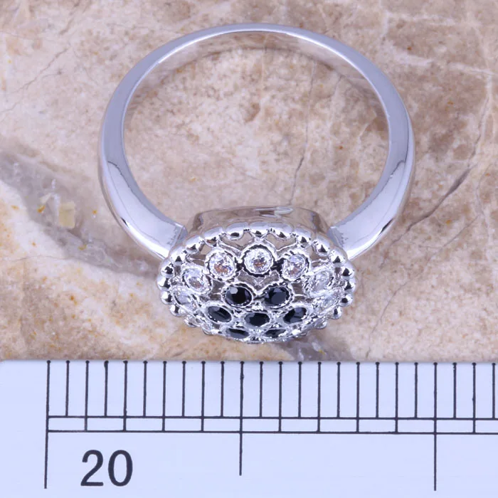 Идеальный черный фианит Белый CZ посеребренное женское кольцо Размер 6/7/8/9 R0993 |