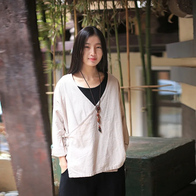 Блузка кимоно ORIGOODS женская летняя льняная с длинным рукавом|womens tops and blouses|kimono