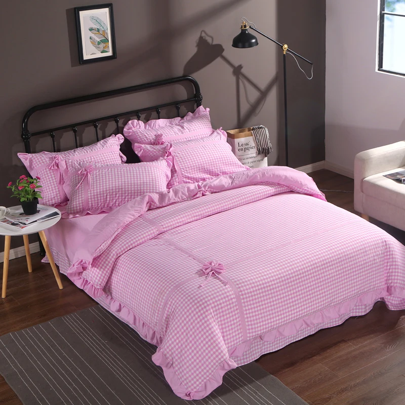 

new products pattern plaid Luxury bedding sets washed cotton Queen Size duvet cover+bedsheet+pillowcases.