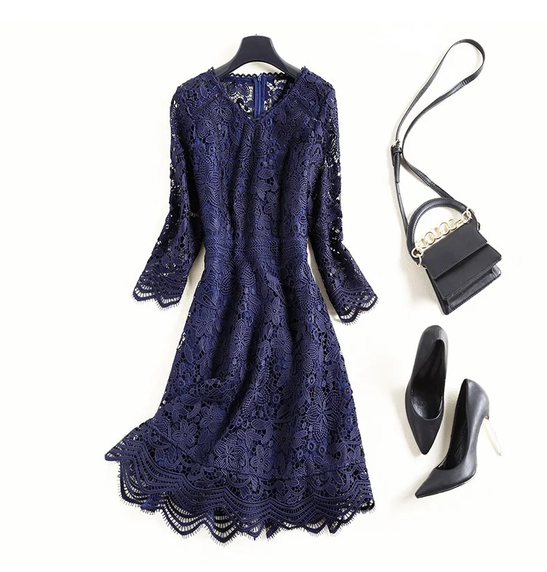 dark blue Модное кружевное платье Высокое качество леди с треугольным вырезом на шее и кружевами «кроше Vestido Для женщин узкая юбка-карандаш с вечерние Открытое платье розовые, зеленые, черные, синие - Цвет: dark blue