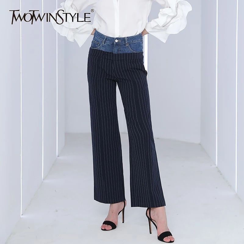 TWOTWINSTYLE брюки в полоску женские джинсовые пэчворк с высокой талией широкие